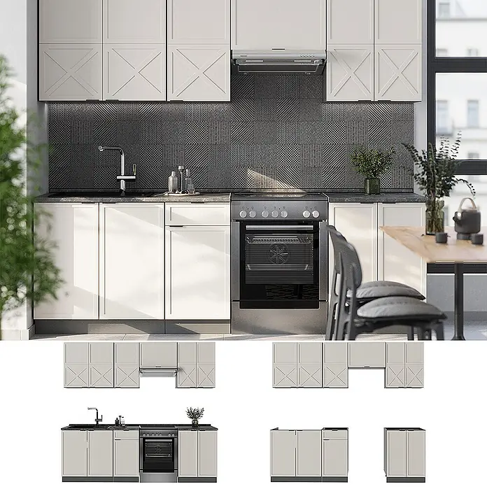 Vicco Küchenzeile Fame-Line GrauBeige/Anthrazit, AP Anthrazit - Breite: 240 cm, GrauBeige, Ohne Elektrogeräte - Moderne hellbeige Küche mit dunklen Arbeitsplatten, Spüle, Ofen und Dunstabzugshaube. Obere Schränke mit stilvollen Kreuzpaneelen.
