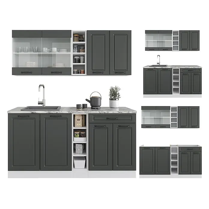 Vicco Singleküche R-Line Anthrazit Landhaus/Weiß ohne Arbeitsplatte - Breite: 160 cm, Anthrazit Landhaus, Ohne AP - Dunkelgraue modulare Küchenschränke mit Marmorplatte, Spüle und weißen offenen Regalen.
