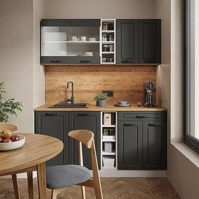 Vicco Singleküche R-Line Anthrazit Landhaus/Weiß ohne Arbeitsplatte - Breite: 160 cm, Anthrazit Landhaus, Ohne AP - Kompakte dunkelgraue Küche mit Holztheke und Rückwand, mit Schränken, Spüle und integriertem Stauraum.