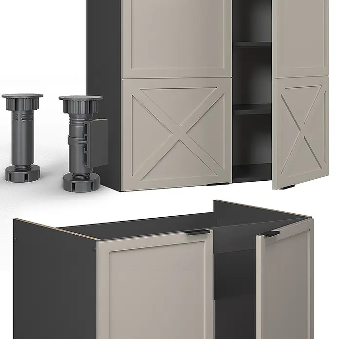 Vicco Küchenzeile Fame-Line GrauBeige/Anthrazit, AP Anthrazit - Breite: 240 cm, GrauBeige, Ohne Elektrogeräte - Modulares Schranksystem mit hellbeigen Türen (teilweise X-Muster) und dunkelgrauen Elementen, mit verstellbaren Nivellierfüßen.