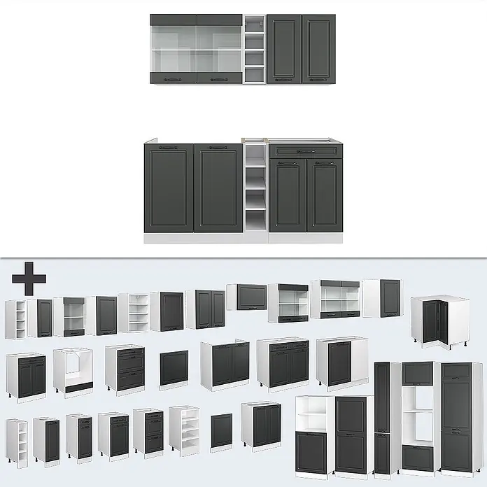 Vicco Singleküche R-Line Anthrazit Landhaus/Weiß, AP Marmor - Breite: 160 cm, Anthrazit Landhaus, Mit AP Marmor - Modulares Küchensystem mit dunkelgrauen Fronten und weißen Korpen, als Aufbau und Einzelmodule für Unter-, Ober- und Hochschränke gezeigt.
