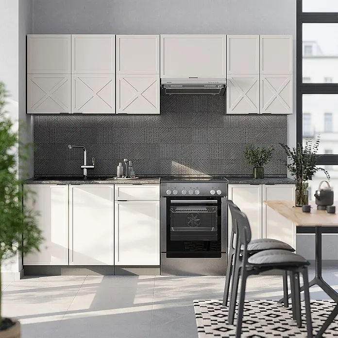 Vicco Küchenzeile Fame-Line GrauBeige/Anthrazit, AP Anthrazit - Breite: 240 cm, GrauBeige, Ohne Elektrogeräte - Moderne weiße Küchenschränke mit dunkelgrauer Arbeitsplatte, Spritzschutz, integriertem Ofen und Spüle.