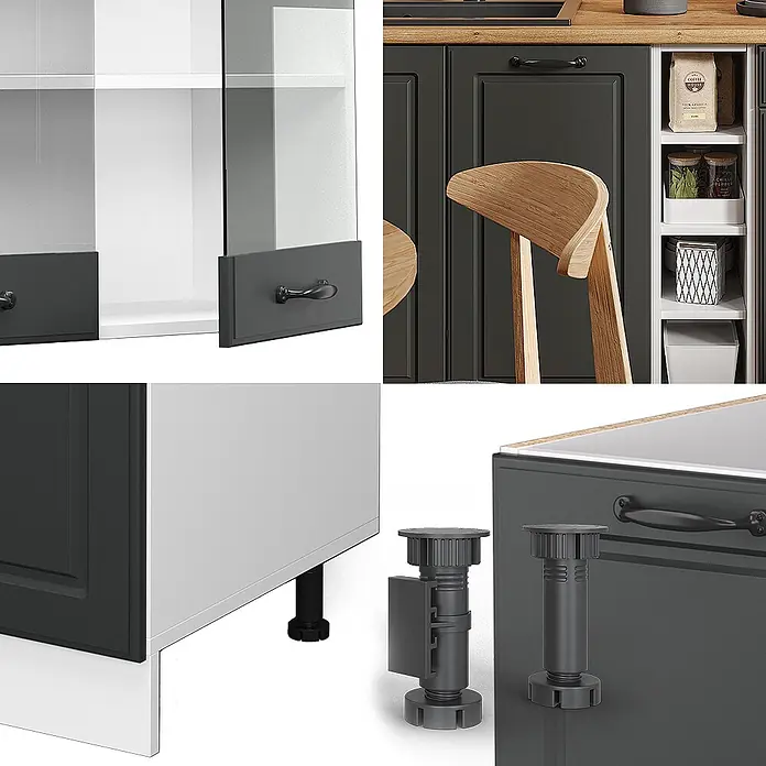 Vicco Singleküche R-Line Anthrazit Landhaus/Weiß ohne Arbeitsplatte - Breite: 160 cm, Anthrazit Landhaus, Ohne AP - Dunkelgraue Küchenschränke mit Holzplatte, Glastüren, schwarzen Griffen und verstellbaren Nivellierfüßen.