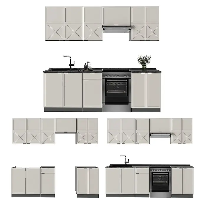 Vicco Küchenzeile Fame-Line GrauBeige/Anthrazit, AP Anthrazit - Breite: 240 cm, GrauBeige, Ohne Elektrogeräte - Helle beige Küchenschrank-Set mit schwarzer Arbeitsplatte, Spüle und integriertem Ofen.