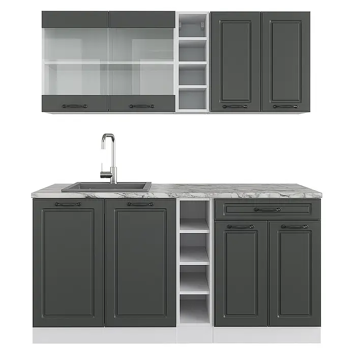 Vicco Singleküche R-Line Anthrazit Landhaus/Weiß ohne Arbeitsplatte - Breite: 160 cm, Anthrazit Landhaus, Ohne AP - Modulares Küchenschrank-Set mit dunkelgrauen Türen, Glasfronten, weißen offenen Regalen und weißer Marmor-Arbeitsplatte mit Spüle.