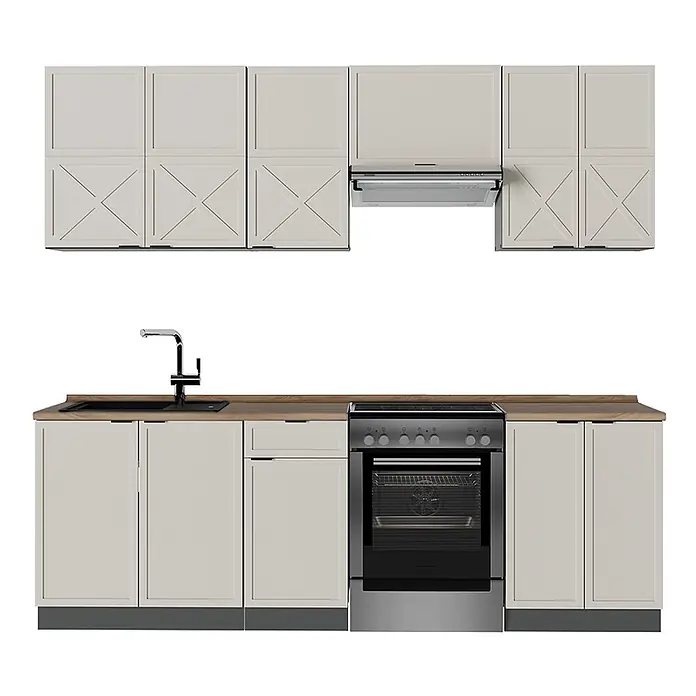 Vicco Küchenzeile Fame-Line GrauBeige/Anthrazit, AP Eiche - Breite: 240 cm, GrauBeige, Ohne Elektrogeräte - Helle graue Küchenschränke mit Holzoptik-Arbeitsplatte, Spüle, Armatur, Backofen und Dunstabzugshaube. Obere Schränke mit Kreuzmuster-Türen.