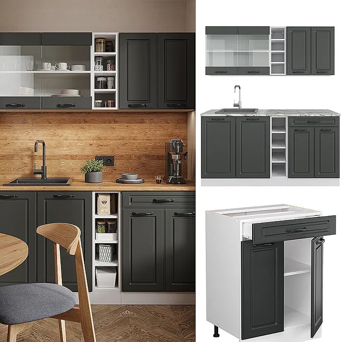 Vicco Singleküche R-Line Anthrazit Landhaus/Weiß ohne Arbeitsplatte - Breite: 160 cm, Anthrazit Landhaus, Ohne AP - Dunkelgraue Küchenschränke mit Stauraum, Schubladen und Vitrinen, integriert in eine Küche mit Holzarbeitsplatte.