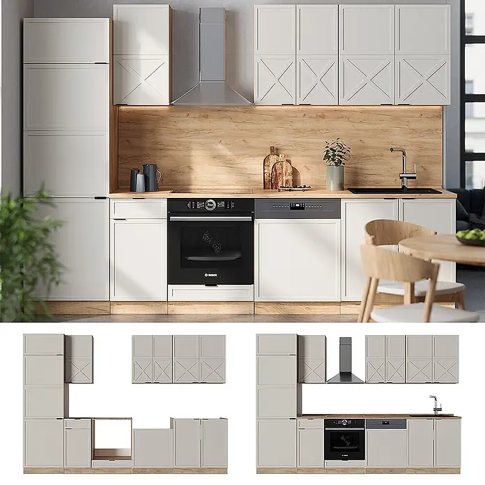 Vicco Küchenzeile Fame-Line GrauBeige/Goldkraft Eiche, AP Eiche - Breite: 300 cm, GrauBeige, Ohne Elektrogeräte - Moderne modulare Küche in Hellgrau mit Holzdetails, integrierten Geräten und konfigurierbaren Einheiten.
