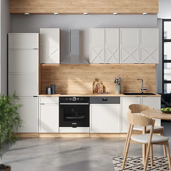 Vicco Küchenzeile Fame-Line GrauBeige/Goldkraft Eiche, AP Eiche - Breite: 300 cm, GrauBeige, Ohne Elektrogeräte - Moderne Küche mit weißen Schränken, Holzakzenten und schwarzen Geräten, Ofen und Spülmaschine.