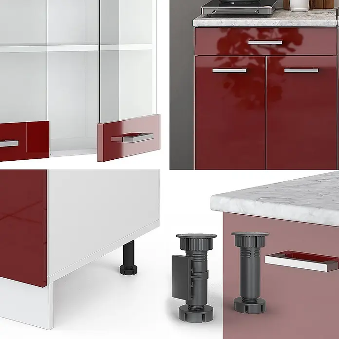 Vicco Singleküche R-Line Rot Hochglanz/Weiß ohne Arbeitsplatte - Rot Hochglanz, Ohne AP - Rot-weiße modulare Schränke mit Glastüren, Metallgriffen und verstellbaren schwarzen Kunststofffüßen.