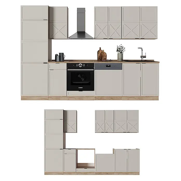 Vicco Küchenzeile Fame-Line GrauBeige/Goldkraft Eiche, AP Eiche - Breite: 300 cm, GrauBeige, Ohne Elektrogeräte - Helle, modulare Küchenschränke in Grau mit Holzoptik-Arbeitsplatten, integriertem Backofen, Spülmaschine, Spüle und Dunstabzugshaube.