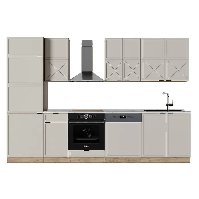 Vicco Küchenzeile Fame-Line GrauBeige/Goldkraft Eiche, AP Marmor - Breite: 300 cm, GrauBeige, Ohne Elektrogeräte - Moderne hellbeige Küchenzeile mit schwarzem Backofen, grauem Geschirrspüler und Dunstabzugshaube.
