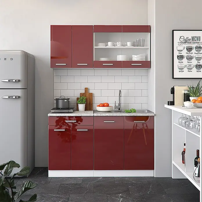 Vicco Singleküche R-Line Rot Hochglanz/Weiß ohne Arbeitsplatte - Rot Hochglanz, Ohne AP - Glänzendes bordeauxrotes Küchenschränke-Set mit weißen Arbeitsplatten, Spüle und integriertem Stauraum, Ober- und Unterschränken.