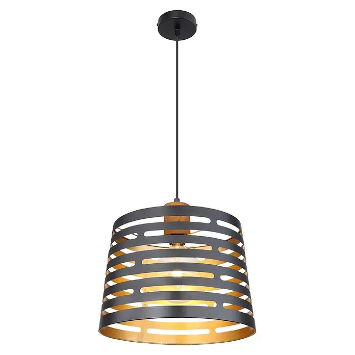 Globo Pendelleuchte Ablona 120 x 35 cm - 60 W, Schwarz, Gold, E27 - Schwarze Pendelleuchte mit dekorativem schwarzem Metall- und goldfarbenem Schirm, mit sichtbarer Glühbirne und Holzdetails.