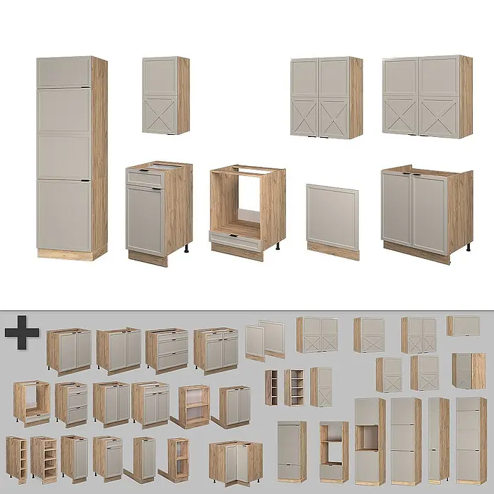 Vicco Küchenzeile Fame-Line GrauBeige/Goldkraft Eiche, AP Eiche - Breite: 300 cm, GrauBeige, Ohne Elektrogeräte - Modulare Küchenschrankkollektion: helle Holzrahmen mit hellgrauen Türen/Paneelen, inklusive Hoch-, Unter- und Oberschränken.