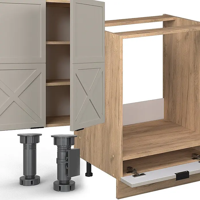 Vicco Küchenzeile Fame-Line GrauBeige/Goldkraft Eiche, AP Eiche - Breite: 300 cm, GrauBeige, Ohne Elektrogeräte - Modulare Küchenschrankkomponenten: hellgraue Scheunentor-Türen, Holzrahmen und verstellbare dunkelgraue Füße.
