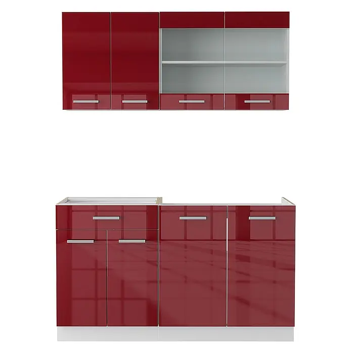 Vicco Singleküche R-Line Rot Hochglanz/Weiß ohne Arbeitsplatte - Rot Hochglanz, Ohne AP - Rote Hochglanz-Küchenschränke, Ober- und Unterschränke (teilweise mit Glas) mit silbernen Griffen.