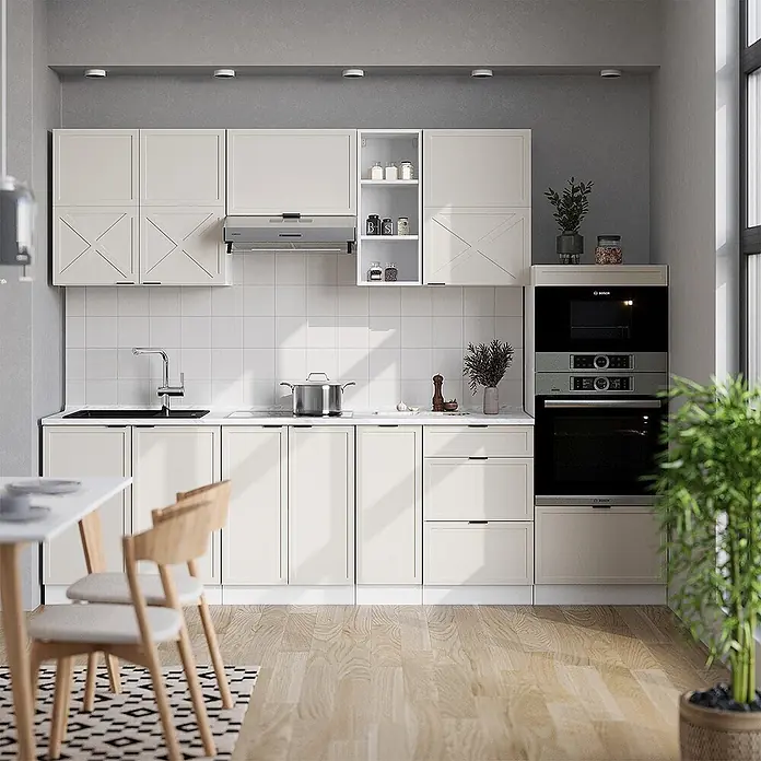 Vicco Küchenzeile Fame-Line GrauBeige/Weiß, AP Marmor - Breite: 280 cm, GrauBeige, Ohne Elektrogeräte - Moderne cremefarbene Küche mit X-Muster-Schränken, weißen Arbeitsplatten und integrierten Bosch-Geräten.