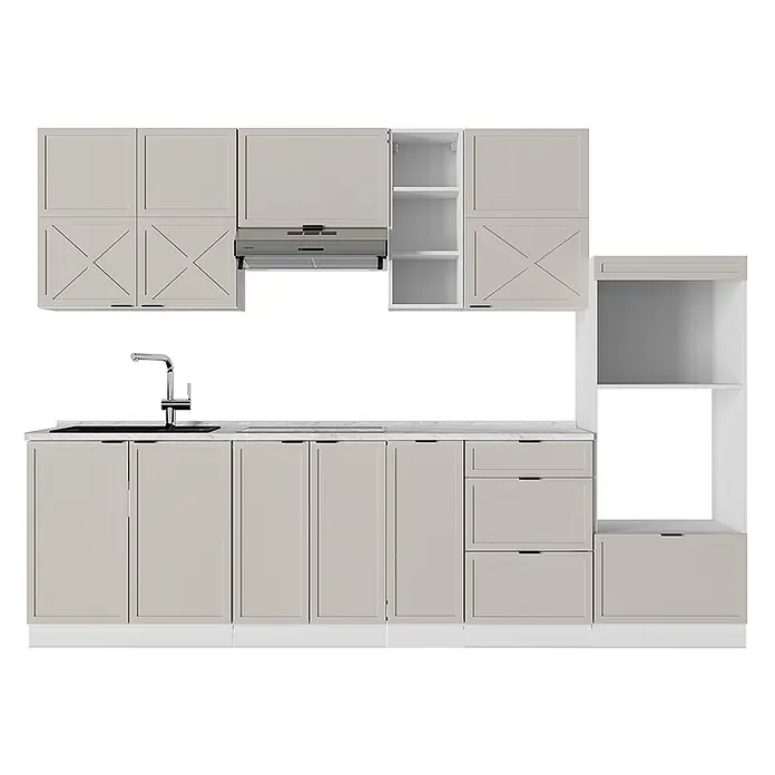 Vicco Küchenzeile Fame-Line GrauBeige/Weiß, AP Marmor - Breite: 280 cm, GrauBeige, Ohne Elektrogeräte - Moderne hellbeige Küchenschrankgarnitur mit Ober-, Unter- und Hochschränken, integrierter Spüle und Dunstabzugshaube.
