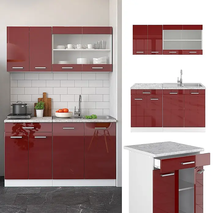 Vicco Singleküche R-Line Rot Hochglanz/Weiß ohne Arbeitsplatte - Rot Hochglanz, Ohne AP - Moderne glänzende rote Küchenzeile mit Ober- und Unterschränken, Spüle und Arbeitsplatte.