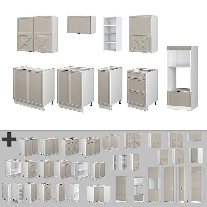 Vicco Küchenzeile Fame-Line GrauBeige/Weiß, AP Marmor - Breite: 280 cm, GrauBeige, Ohne Elektrogeräte - Modulares Küchenschranksystem mit weißen Rahmen und hellbraun/beigen Türen, Schubladen und offenen Regalen in verschiedenen Konfigurationen.
