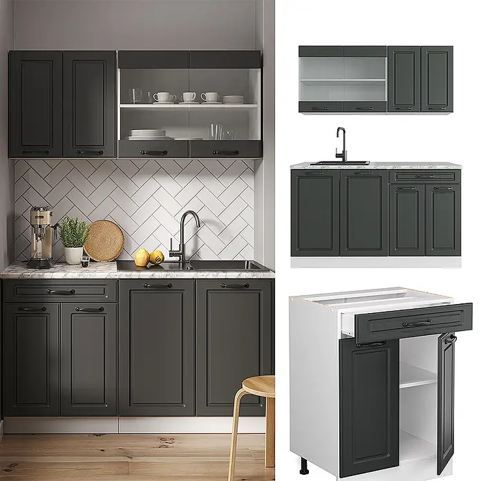 Vicco Singleküche R-Line Anthrazit Landhaus/Weiß ohne Arbeitsplatte - Breite: 140 cm, Anthrazit Landhaus, Ohne AP - Dunkelgraue Küchenschränke mit Kassettentüren und schwarzen Griffen, Oberschränke und Unterschränke in moderner Küche.