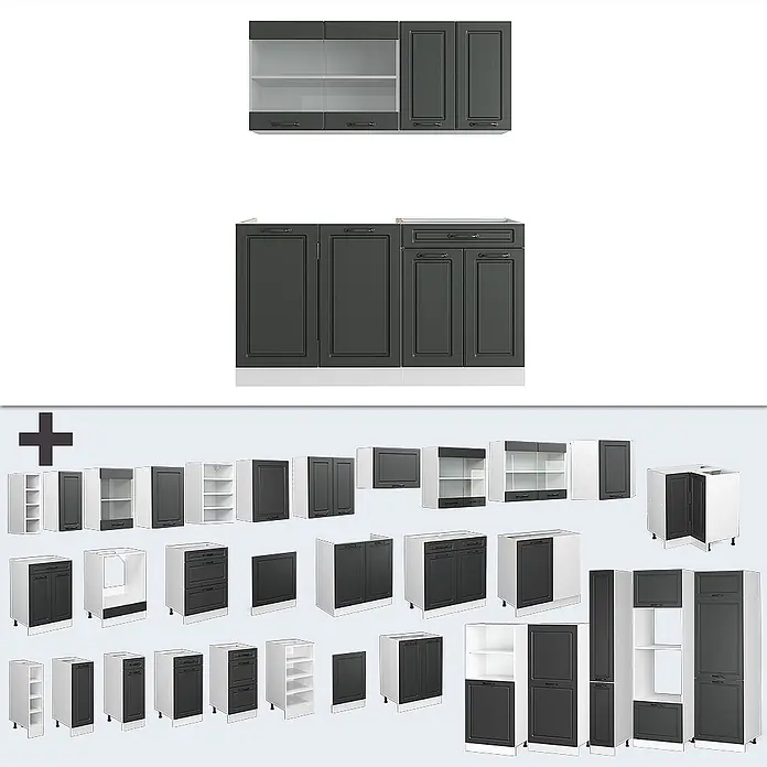 Vicco Singleküche R-Line Anthrazit Landhaus/Weiß ohne Arbeitsplatte - Breite: 140 cm, Anthrazit Landhaus, Ohne AP - Modulare dunkelgraue Küchenschränke mit weißen Rahmen, verschiedene Unter-, Ober- und Hochschränke, teils mit Glastüren.
