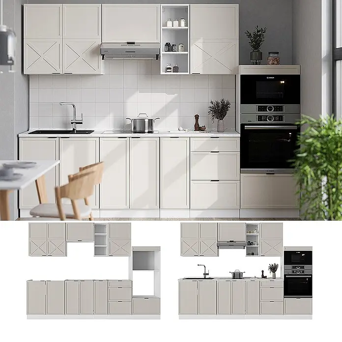 Vicco Küchenzeile Fame-Line GrauBeige/Weiß, AP Marmor - Breite: 280 cm, GrauBeige, Ohne Elektrogeräte - Moderne cremefarbene Küchenschrankgarnitur mit Spüle, Kochfeld, Backofenturm und Dunstabzugshaube in heller Küche.