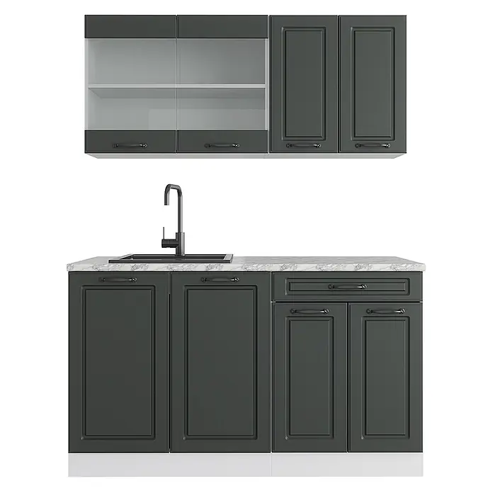 Vicco Singleküche R-Line Anthrazit Landhaus/Weiß ohne Arbeitsplatte - Breite: 140 cm, Anthrazit Landhaus, Ohne AP - Dunkelgraue Küchenschränke mit marmorähnlicher Arbeitsplatte, integrierter schwarzer Spüle und Armatur. Oberschränke mit festen und Glasfronten.