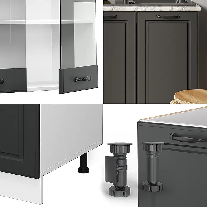 Vicco Singleküche R-Line Anthrazit Landhaus/Weiß ohne Arbeitsplatte - Breite: 140 cm, Anthrazit Landhaus, Ohne AP - Anthrazitfarbene Küchenschränke mit klassischen Paneeltüren, Glasfront, integrierten Griffen und verstellbaren Nivellierfüßen.