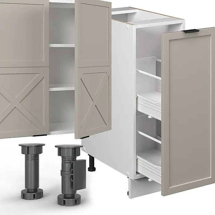 Vicco Küchenzeile Fame-Line GrauBeige/Weiß, AP Marmor - Breite: 280 cm, GrauBeige, Ohne Elektrogeräte - Modulare Küchenschränke: graue Türen mit Kreuzpaneelen, weiße Innenausstattung, Auszugsschubladen und verstellbare dunkelgraue Füße.