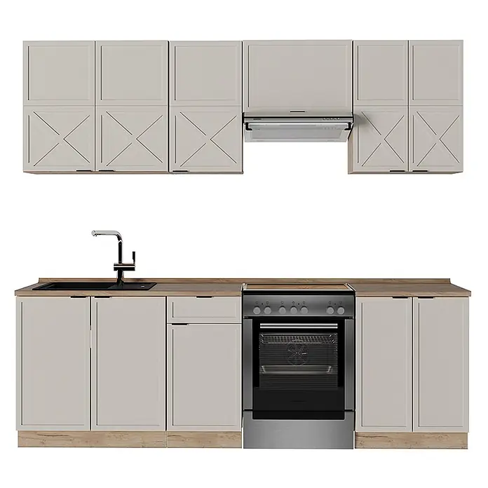 Vicco Küchenzeile Fame-Line GrauBeige/Goldkraft Eiche, AP Eiche - Breite: 240 cm, GrauBeige, Ohne Elektrogeräte - Eine hellgraue Küchenzeile mit Ober- und Unterschränken, einer Holztheke, Spüle, Armatur, Herd und Dunstabzugshaube.