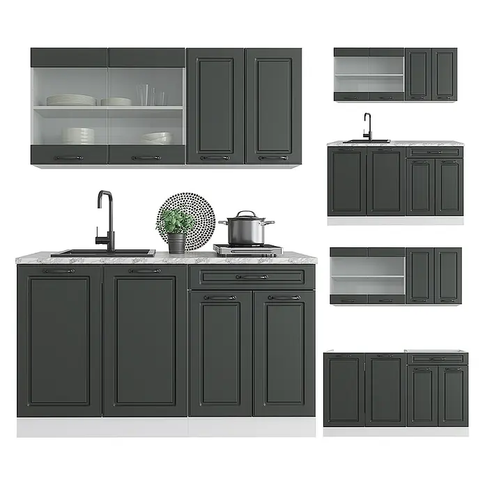 Vicco Singleküche R-Line Anthrazit Landhaus/Weiß ohne Arbeitsplatte - Breite: 140 cm, Anthrazit Landhaus, Ohne AP - Dunkelgraues modulares Küchenschrank-Set mit Marmor-Arbeitsplatte, Spüle und Kochbereich. Enthält Ober- und Unterschränke.