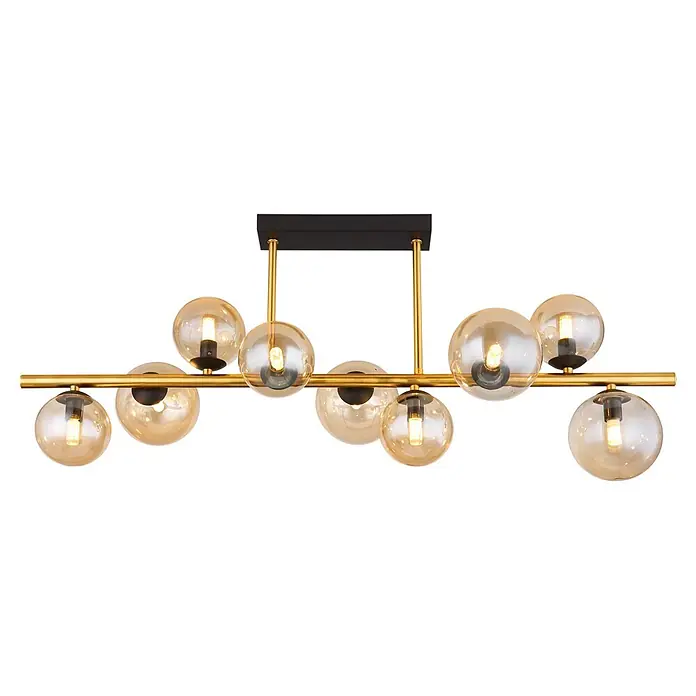 Globo Riha LED-Deckenleuchte - 3,5 W, L x B x H: 87 x 28 x 37 cm, Warmweiß - Moderne goldene lineare Hängeleuchte mit zehn bernsteinfarbenen Glaskugeln und schwarzer Deckenplatte, inklusive sichtbarer LED-Glühbirnen.
