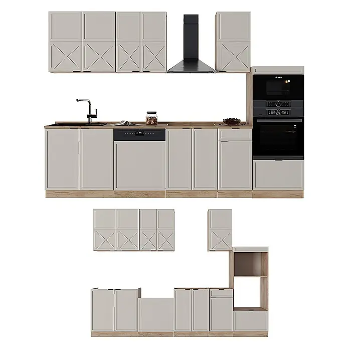 Vicco Küchenzeile Fame-Line GrauBeige/Goldkraft Eiche mit Hochschrank, AP Eiche - Breite: 300 cm, GrauBeige, Ohne Elektrogeräte - Komplette Küche mit hellbeigen Schränken, Holzplatten und integrierten Geräten. Oberschränke mit dekorativen X-Mustern.