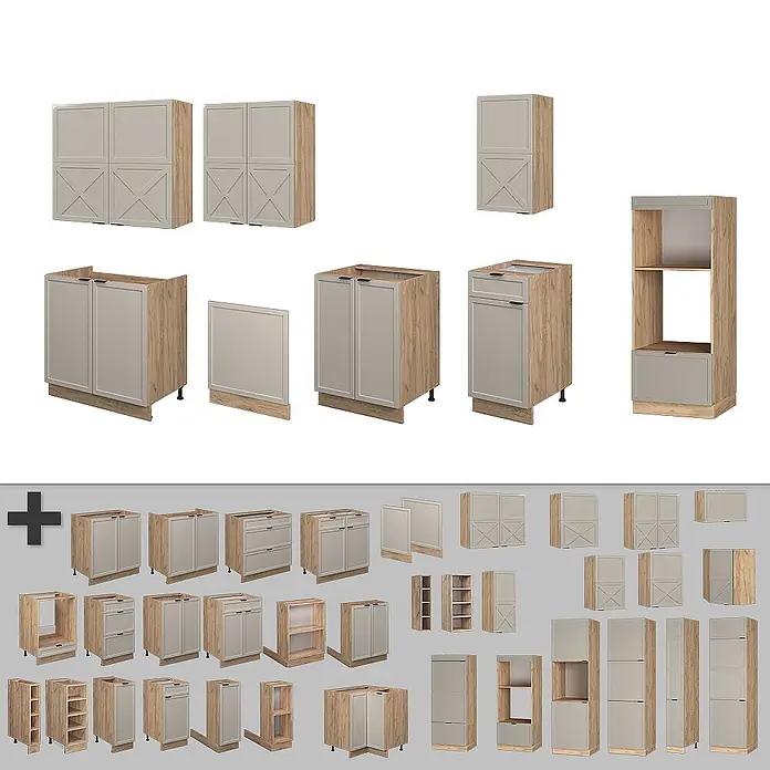 Vicco Küchenzeile Fame-Line GrauBeige/Goldkraft Eiche mit Hochschrank, AP Eiche - Breite: 300 cm, GrauBeige, Ohne Elektrogeräte - Modulare Küchenmöbel: Korpusse in heller Holzoptik mit beigen Türen und Schubladen, in verschiedenen Ausführungen.