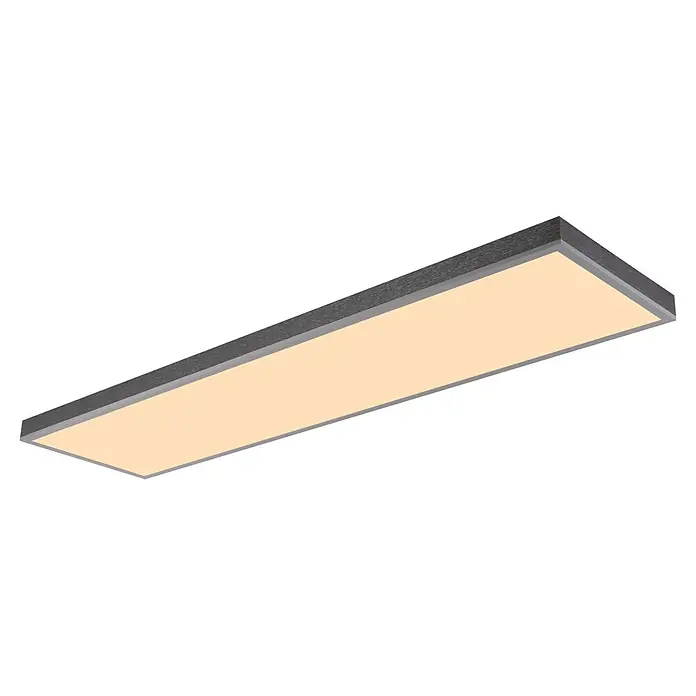 Globo LED-Panel Doro - 36 W, L x B x H: 1.200 x 300 x 75 mm - Rechteckige LED-Panel-Leuchte mit dunkelgrauem Rahmen und leuchtend beiger Lichtfläche.