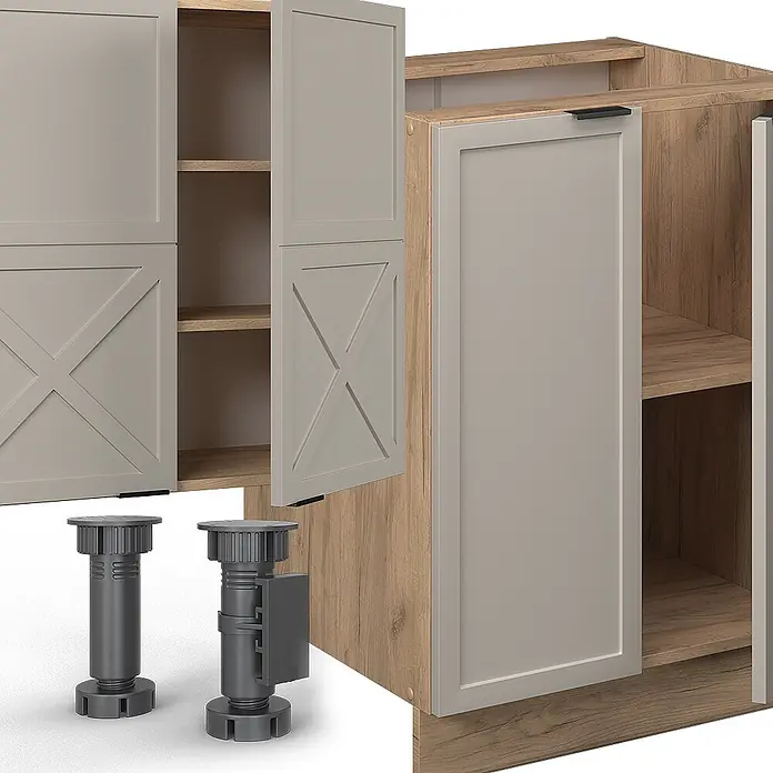 Vicco Küchenzeile Fame-Line GrauBeige/Goldkraft Eiche mit Hochschrank, AP Eiche - Breite: 300 cm, GrauBeige, Ohne Elektrogeräte - Modulare Küchenschrankteile: beigefarbene Türen, Holzoptik-Korpusse und dunkle verstellbare Kunststofffüße.