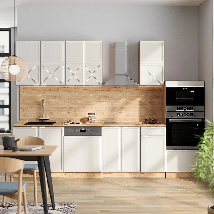 Vicco Küchenzeile Fame-Line GrauBeige/Goldkraft Eiche mit Hochschrank, AP Eiche - Breite: 300 cm, GrauBeige, Ohne Elektrogeräte - Moderne Küche mit weißen Shaker-Schränken, Holzrückwand und integrierten Edelstahlgeräten.