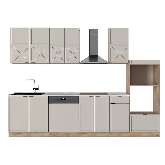 Vicco Küchenzeile Fame-Line GrauBeige/Goldkraft Eiche mit Hochschrank,ohne Arbeitsplatte - Breite: 300 cm, GrauBeige, Ohne Elektrogeräte - Helle beige Küchenmöbel mit Holzsockel, weißer Arbeitsplatte, Einbaugeräten und X-Muster-Oberschränken.