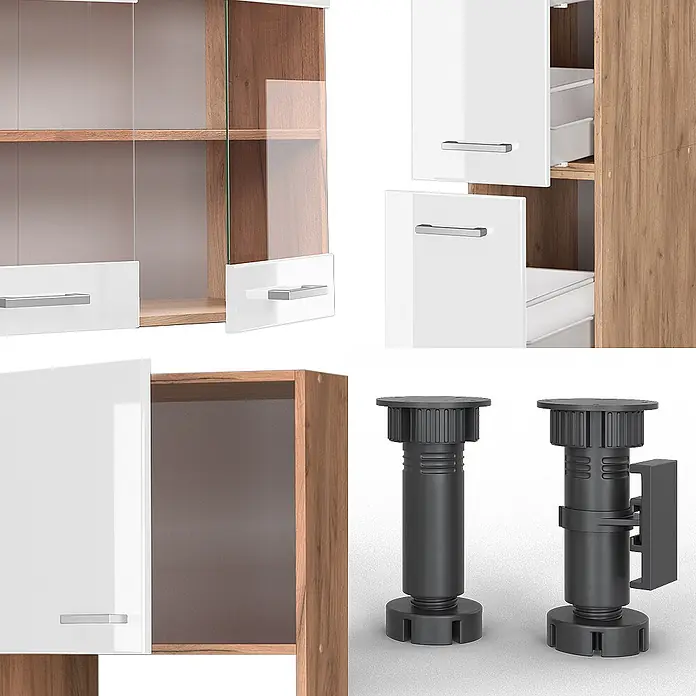 Vicco Küchenzeile R-Line Weiß Hochglanz/Goldkraft Eiche mit Hochschrank, AP Eiche - Breite: 350 cm, Weiß Hochglanz, Ohne Elektrogeräte - Modulares Schranksystem mit weißen Türen/Schubladen, Holzdekorrahmen und verstellbaren Möbelbeinen.