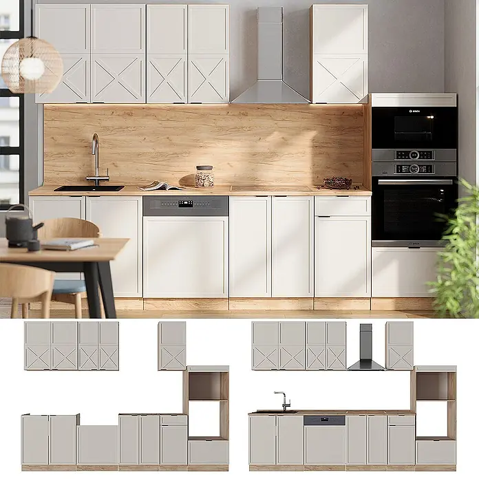 Vicco Küchenzeile Fame-Line GrauBeige/Goldkraft Eiche mit Hochschrank, AP Eiche - Breite: 300 cm, GrauBeige, Ohne Elektrogeräte - Moderne Modulküche mit hellen Schränken, Holzelementen, Arbeitsplatte und integrierten Geräten.