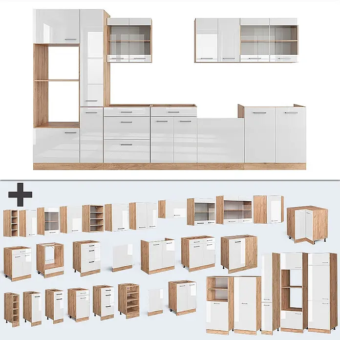 Vicco Küchenzeile R-Line Weiß Hochglanz/Goldkraft Eiche mit Hochschrank, AP Eiche - Breite: 350 cm, Weiß Hochglanz, Ohne Elektrogeräte - Modulares Küchenmöbelset mit weißen Hochglanzfronten und hellen Holzdetails, bestehend aus Unter- und Oberschränken, Schubladen und offenen Regalen.
