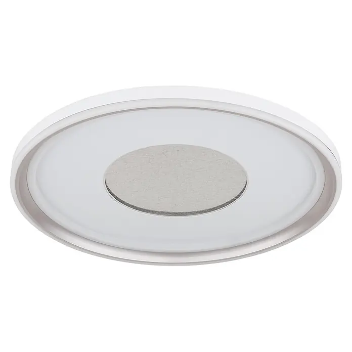 Globo LED-Deckenleuchte rund Eila - 60 W, Ø x H: 59 x 6,5 cm - Runde weiße LED-Deckenleuchte mit einer texturierten silbergrauen Metallmittelplatte.
