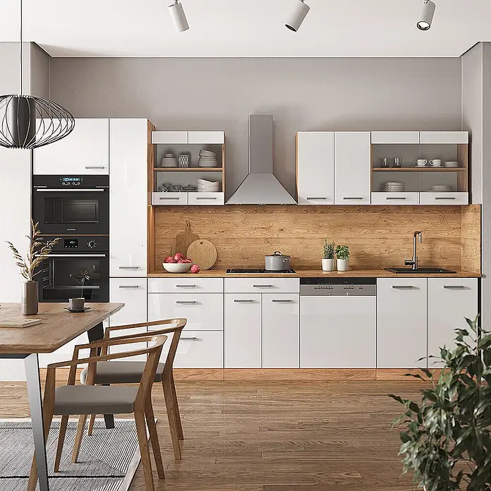 Vicco Küchenzeile R-Line Weiß Hochglanz/Goldkraft Eiche mit Hochschrank, AP Eiche - Breite: 350 cm, Weiß Hochglanz, Ohne Elektrogeräte - Moderne Küche mit hochglänzenden weißen Schränken, Holzoptik-Oberflächen und integrierten Backöfen & Geschirrspüler.