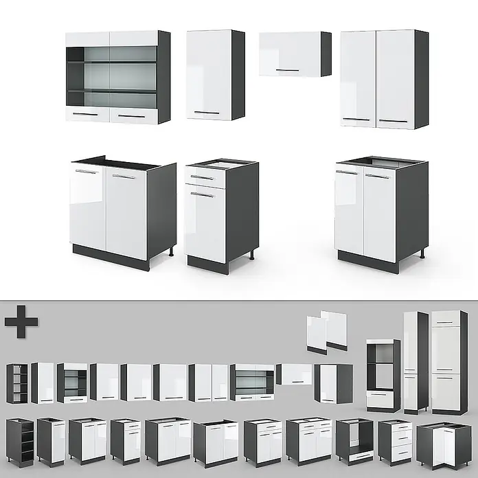 Vicco Küchenzeile Fame-Line Weiß Hochglanz/Anthrazit, AP Marmor - Breite: 240 cm, Weiß Hochglanz, Ohne Elektrogeräte - Set modularer Küchenschränke in Weiß und Dunkelgrau, mit Ober-, Unter- und Hochschränken in verschiedenen Tür- und Schubladenkonfigurationen.