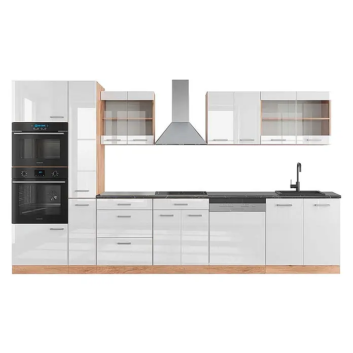 Vicco Küchenzeile R-Line Weiß Hochglanz/Goldkraft Eiche mit Hochschrank, AP Anthrazit - Breite: 350 cm, Weiß Hochglanz, Ohne Elektrogeräte - Moderne Küchenzeile mit hochglanzweißen Schränken, integrierten schwarzen Öfen, Kochfeld, Spüle und dunkler Arbeitsplatte mit Holzdetails.