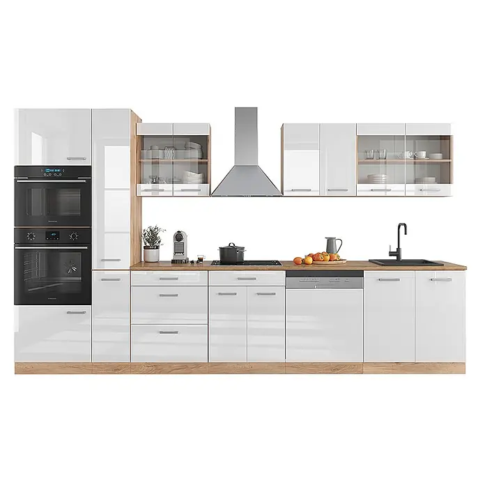 Vicco Küchenzeile R-Line Weiß Hochglanz/Goldkraft Eiche mit Hochschrank, AP Eiche - Breite: 350 cm, Weiß Hochglanz, Ohne Elektrogeräte - Weiße Hochglanzküche mit Holzoptik-Arbeitsplatte, integrierten Öfen, Kochfeld, Dunstabzugshaube und Spüle.