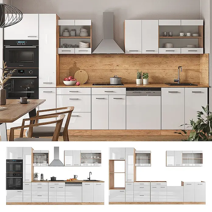 Vicco Küchenzeile R-Line Weiß Hochglanz/Goldkraft Eiche mit Hochschrank, AP Eiche - Breite: 350 cm, Weiß Hochglanz, Ohne Elektrogeräte - Moderne Küchenzeile mit hochglänzenden weißen Schränken und Eichendekor, ausgestattet mit integrierten Geräten wie Backofen, Kochfeld und Geschirrspüler.