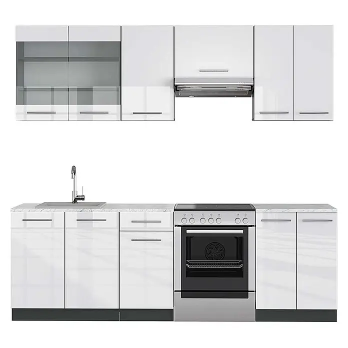 Vicco Küchenzeile Fame-Line Weiß Hochglanz/Anthrazit, AP Marmor - Weiß Hochglanz, Ohne Elektrogeräte - Weißglänzende Modulküche mit Marmoroptik-Arbeitsplatte, Spüle, Herd, Backofen und Dunstabzugshaube.
